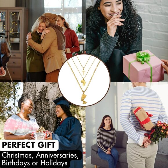 14k Gold Nefertiti Necklace with Ankh Africa Map Sterling Silver Chain Jewelry - Picture 7 of 7